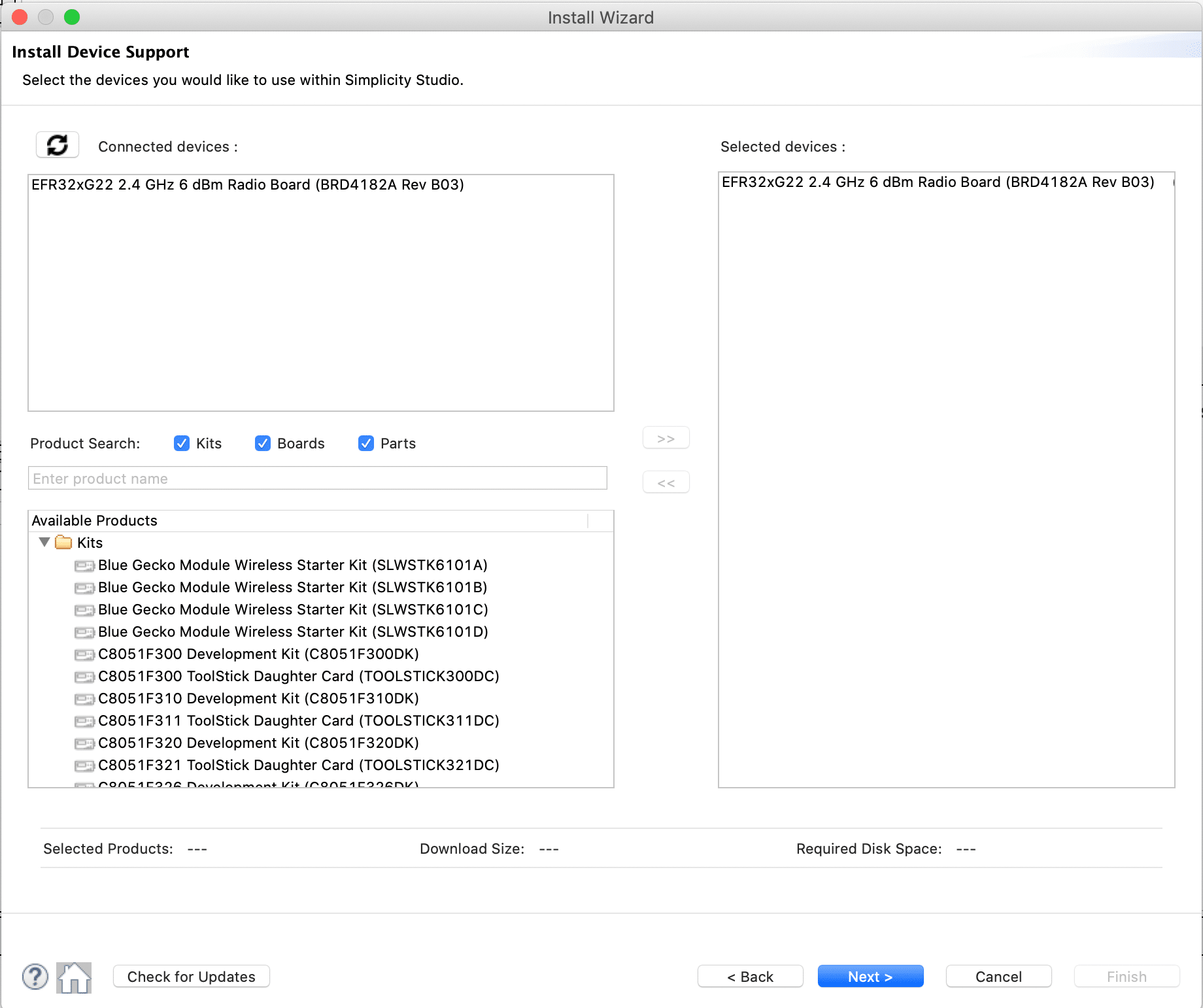Simplicity Studio with EFR32BG22 device added to Selected devices list