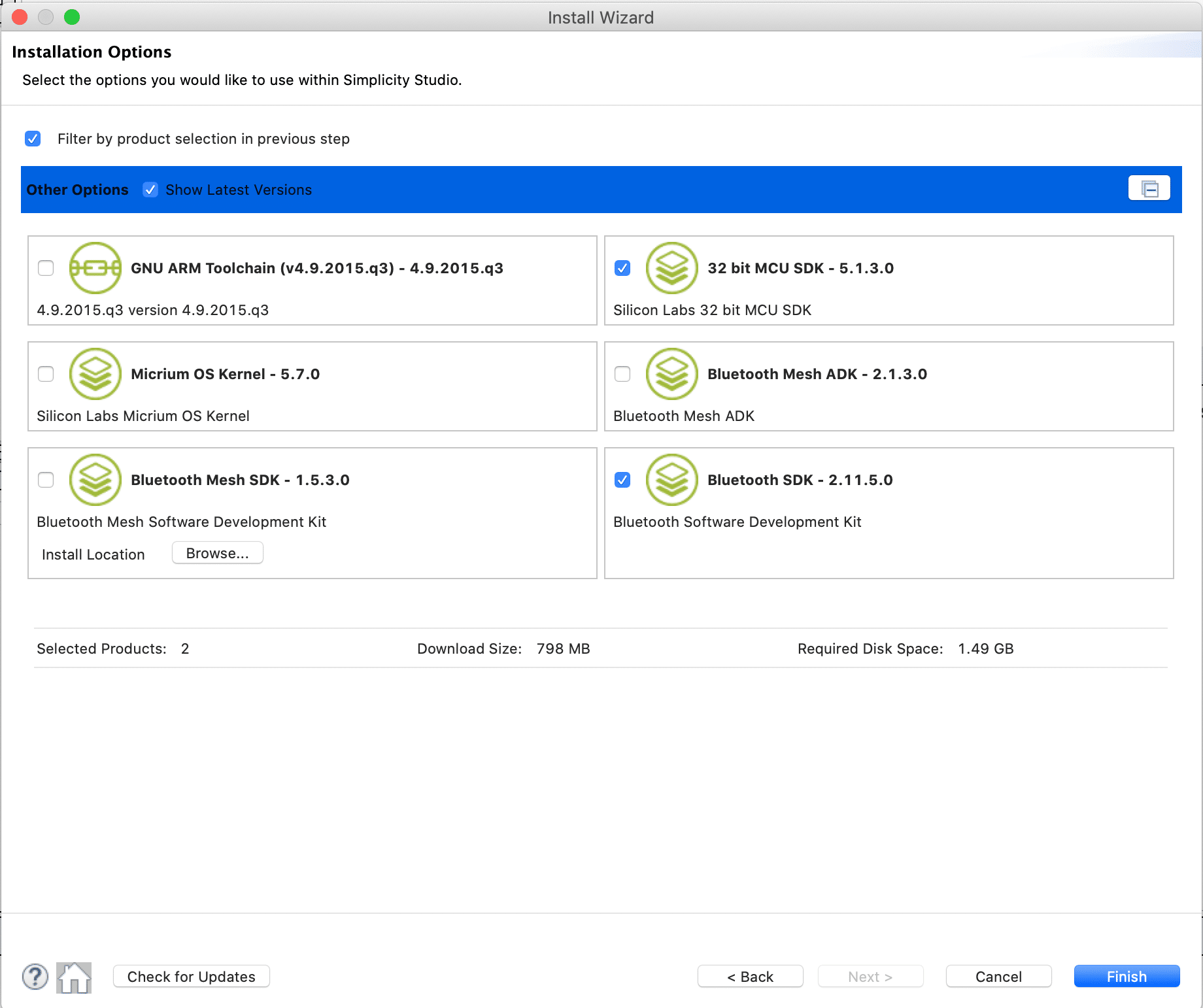 Simplicity Studio SDK package selection showing Bluetooth SDK