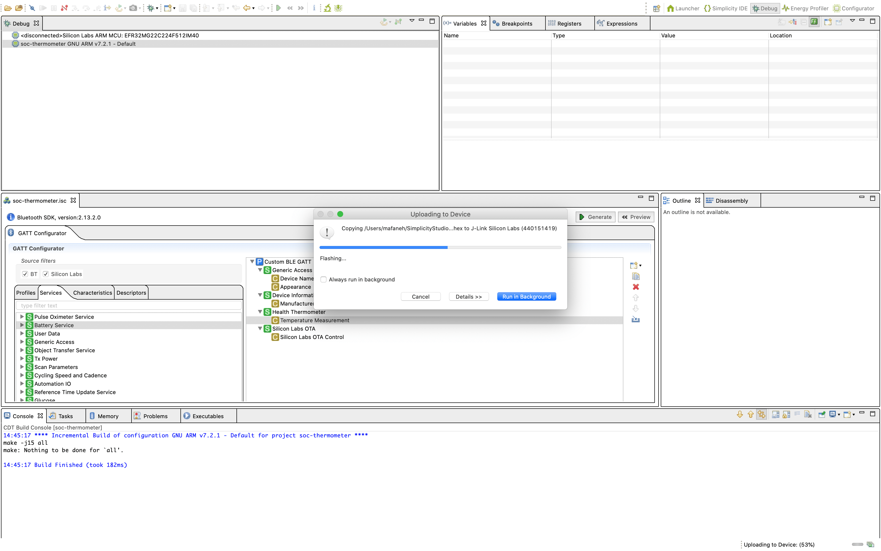 Simplicity Studio debug session running the Thermometer example