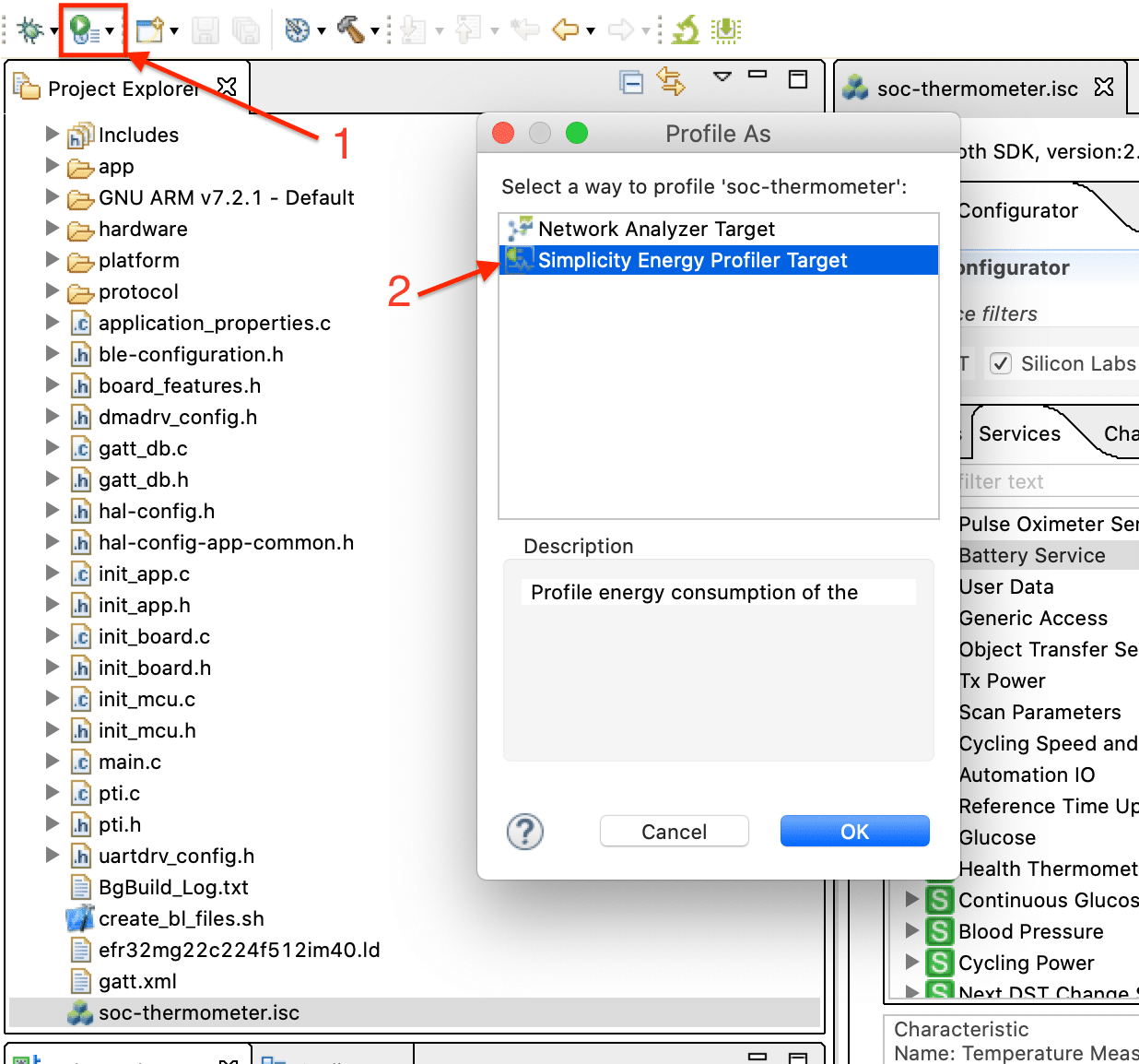 Simplicity Studio Profile button menu with Energy Profiler Target option