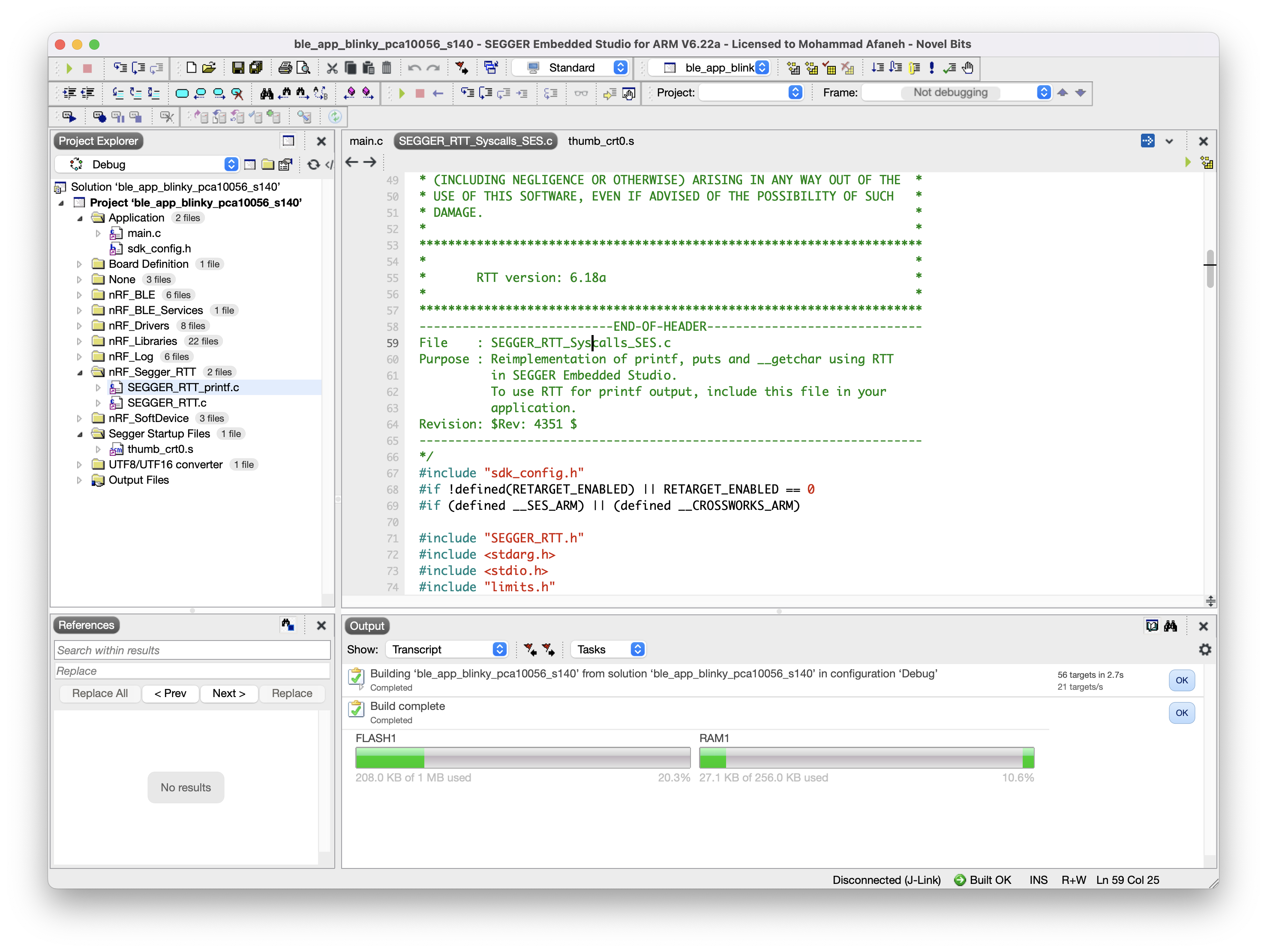 ble_app_blinky successful build in Segger Embedded Studio