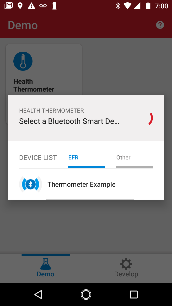 EFR Connect Health Thermometer scanner showing Thermometer Example device