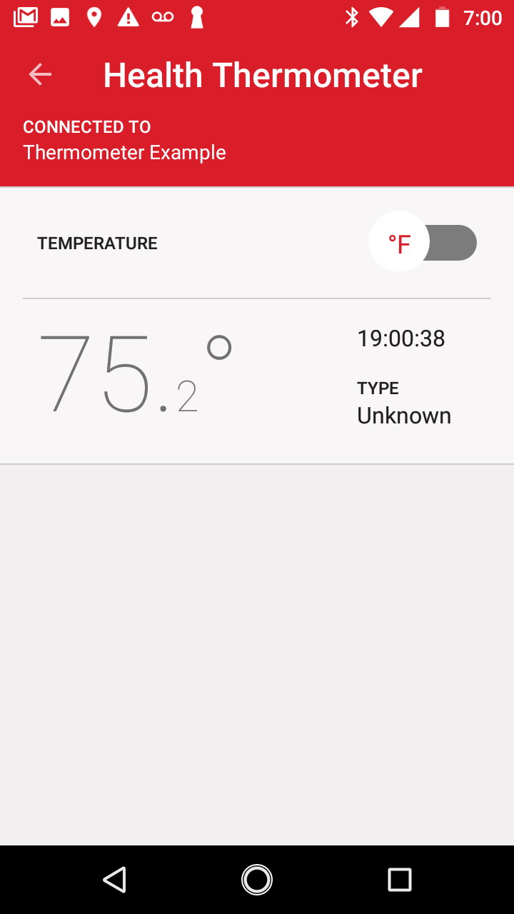EFR Connect connected to Thermometer Example showing temperature reading