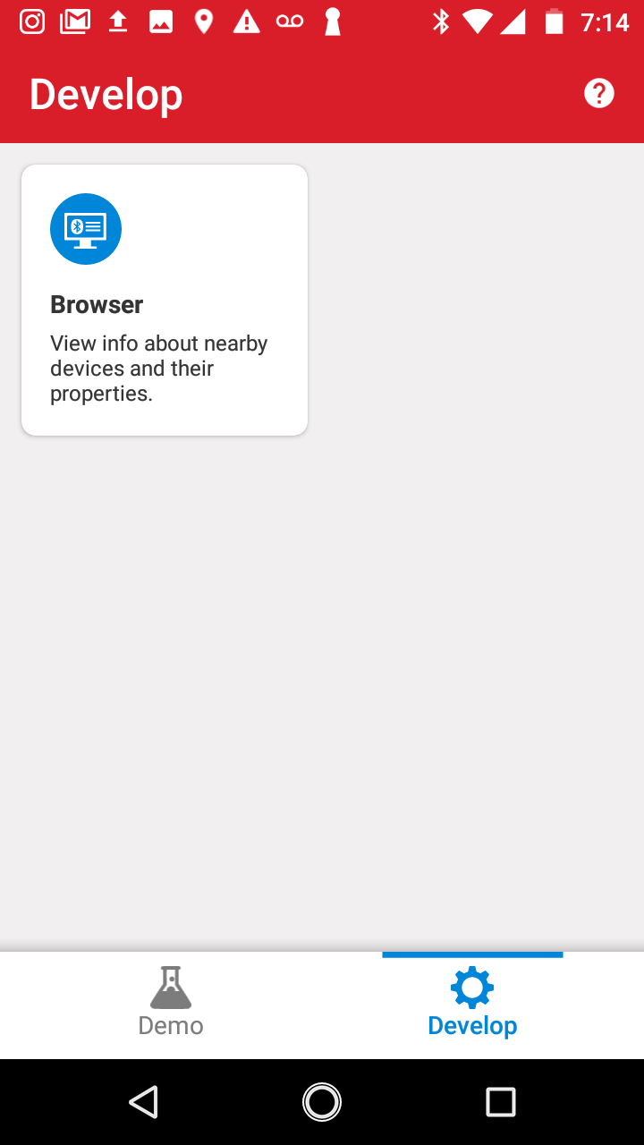 EFR Connect Develop tab with Bluetooth LE Browser option