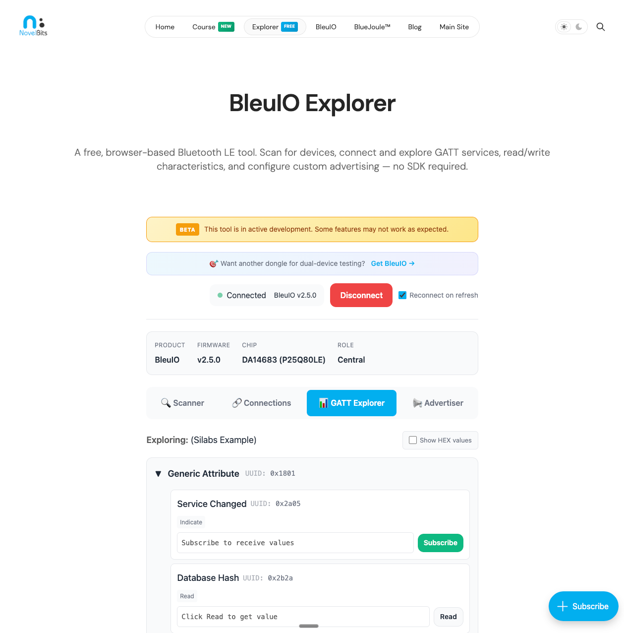 BleuIO Explorer GATT Explorer tab showing services and characteristics with Read and Subscribe buttons