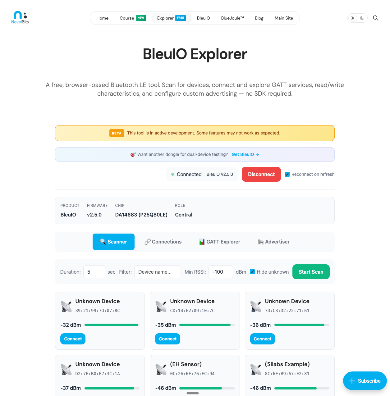 BleuIO Explorer interface showing the Scanner tab with discovered devices and dongle information