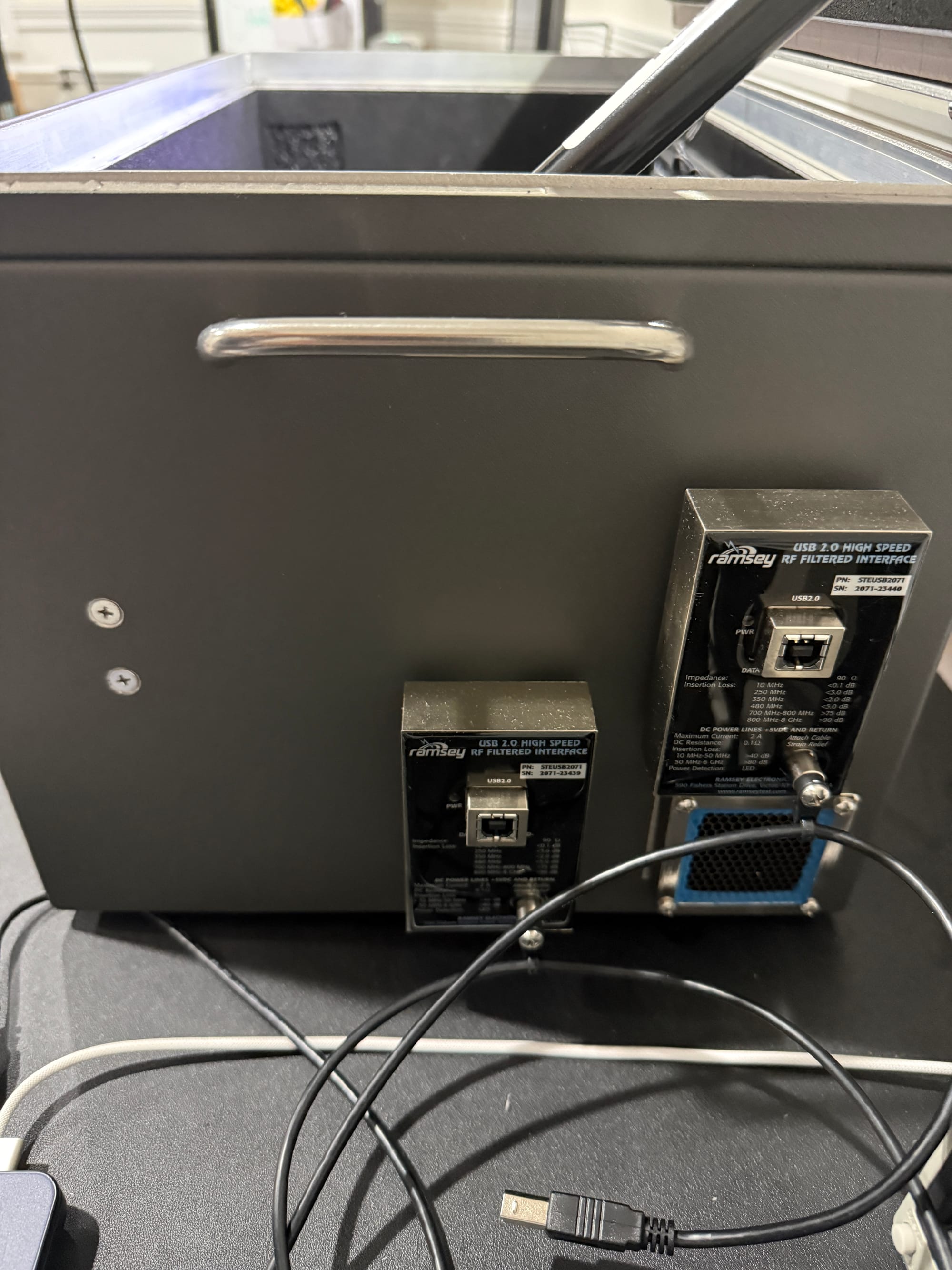 Close-up of the Ramsey STE3000M right I/O panel showing two USB pass-through modules