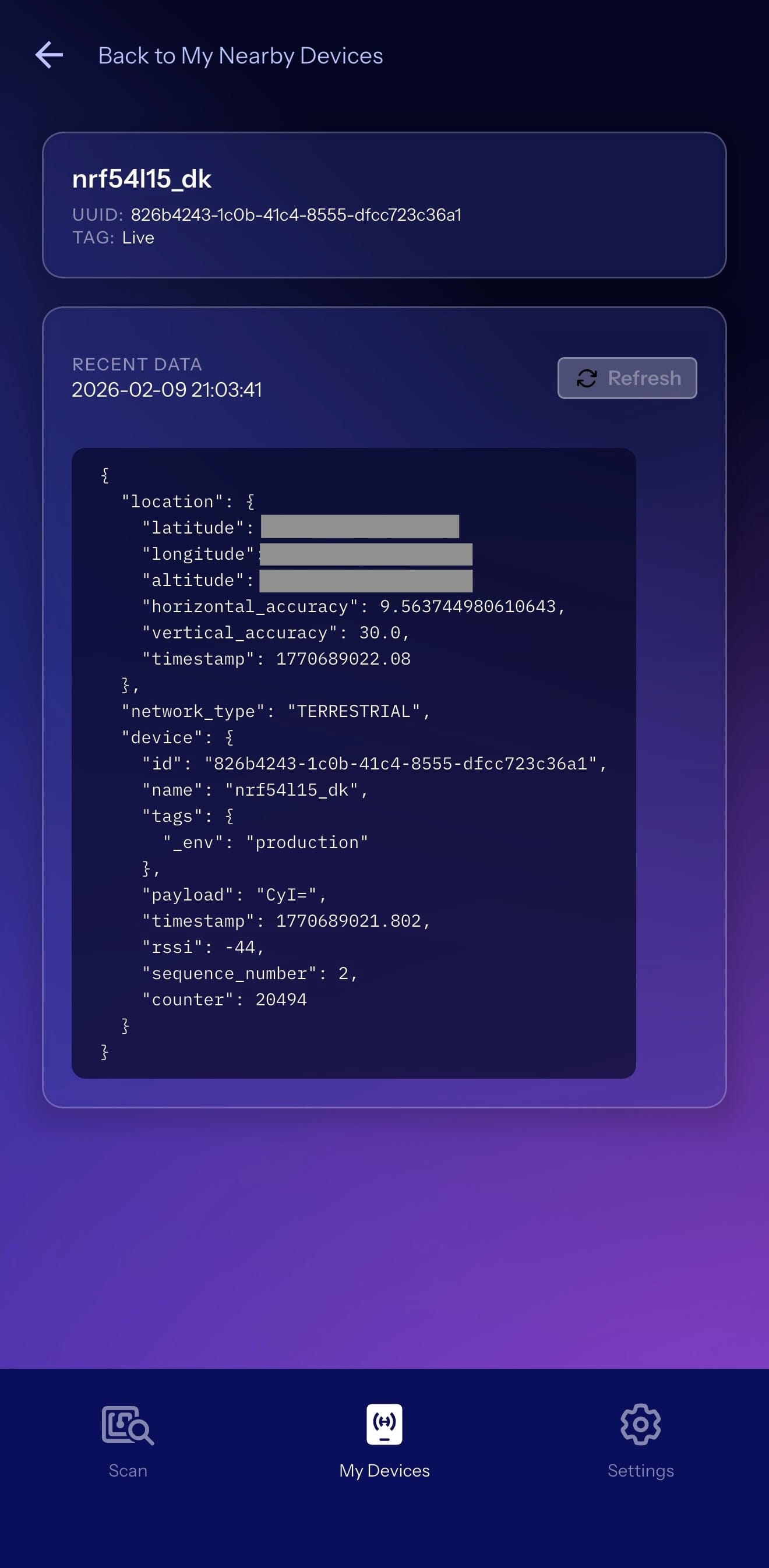Hubble Connect mobile app showing received packet from nrf54l15_dk device with payload CyI= matching the serial console output
