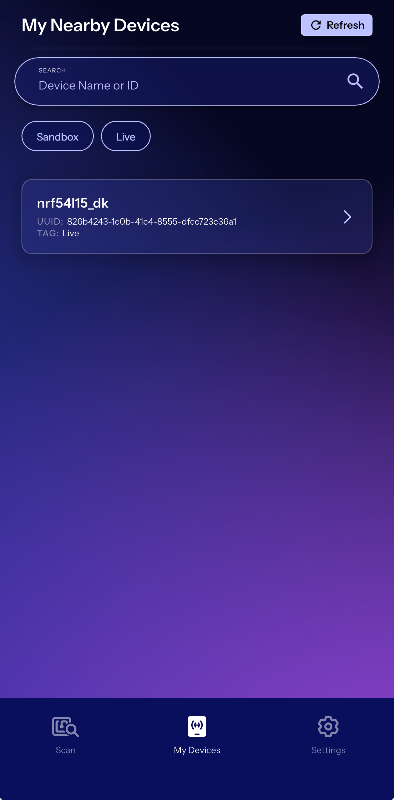 Hubble Connect mobile app My Nearby Devices screen showing nrf54l15_dk device with UUID and Live tag