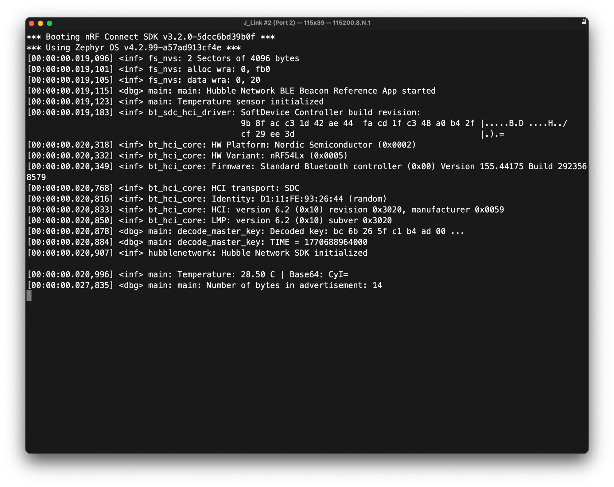 Serial console output from nRF54L15 showing Hubble beacon startup, decoded key, temperature reading of 28.50 C, and Base64-encoded payload CyI=