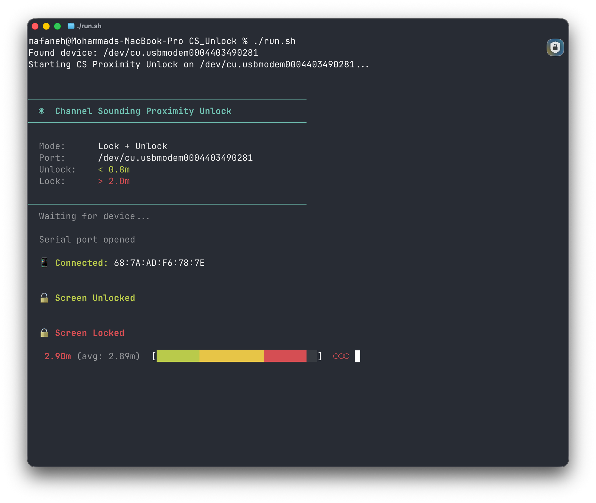 Terminal showing Screen Locked status at 2.90m distance in the far zone (red)
