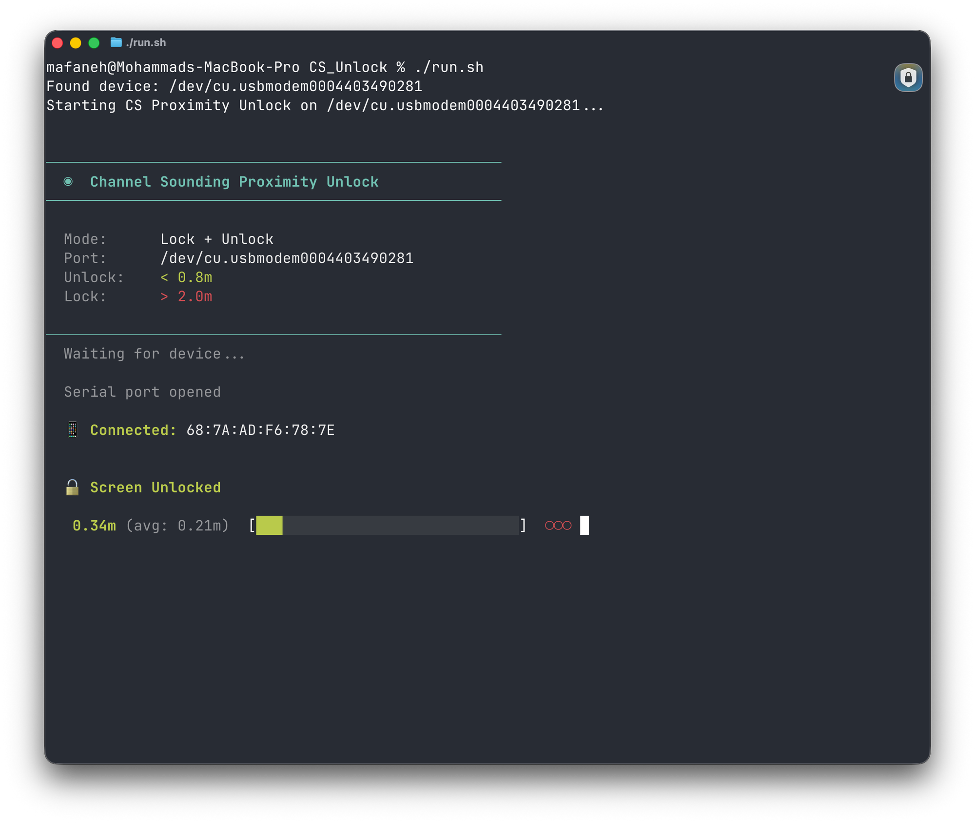 Terminal showing Screen Unlocked status at 0.34m distance in the near zone (green)