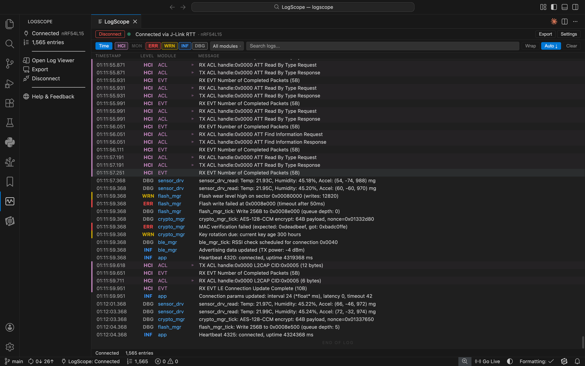 LogScope showing color-coded Zephyr logs with HCI packet decoding, module filtering, and real-time streaming in VS Code