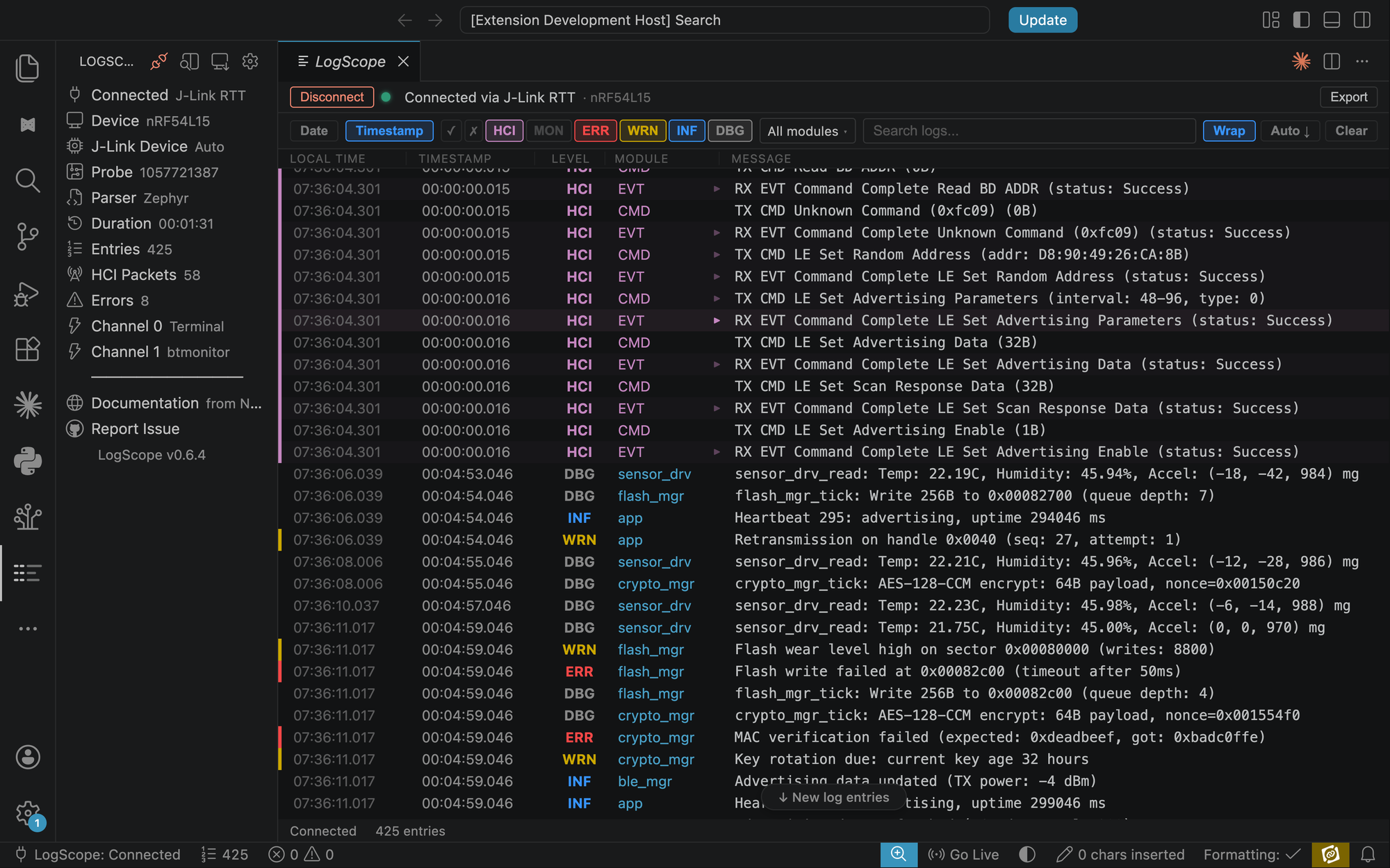 LogScope connected to an nRF54L15 DK, showing live RTT logs with Bluetooth LE HCI commands decoded inline. The sidebar shows Channel 0 Terminal and Channel 1 btmonitor; the log panel shows HCI EVT and CMD rows alongside application logs, with fault highlights on red ERR rows.