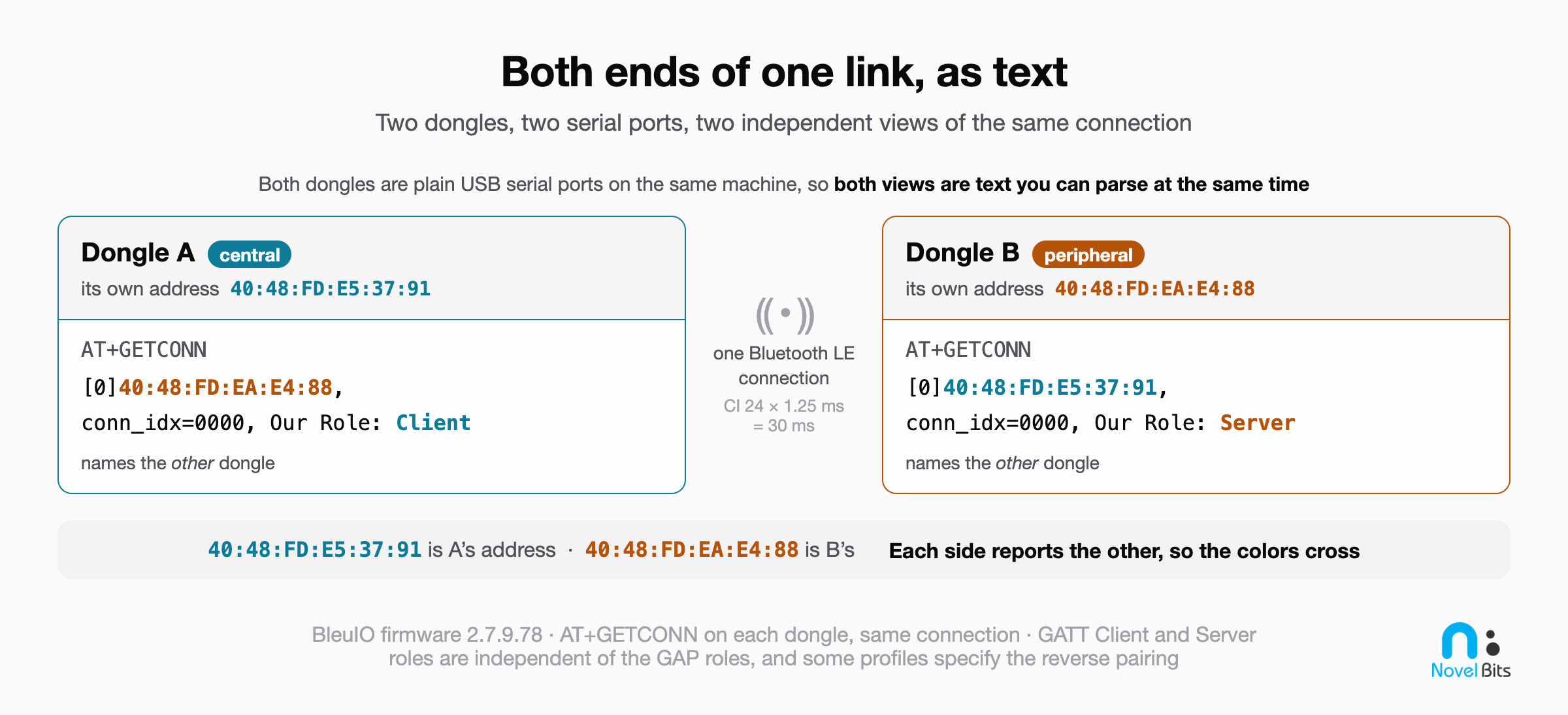 Diagram of two BleuIO dongles on one Bluetooth LE connection. Dongle A, the central, reports role Client and dongle B's address; dongle B, the peripheral, reports role Server and dongle A's address.