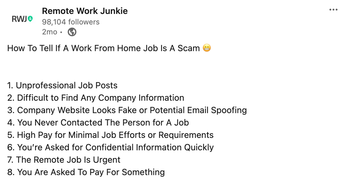 LinkedIn social media post from job board owner