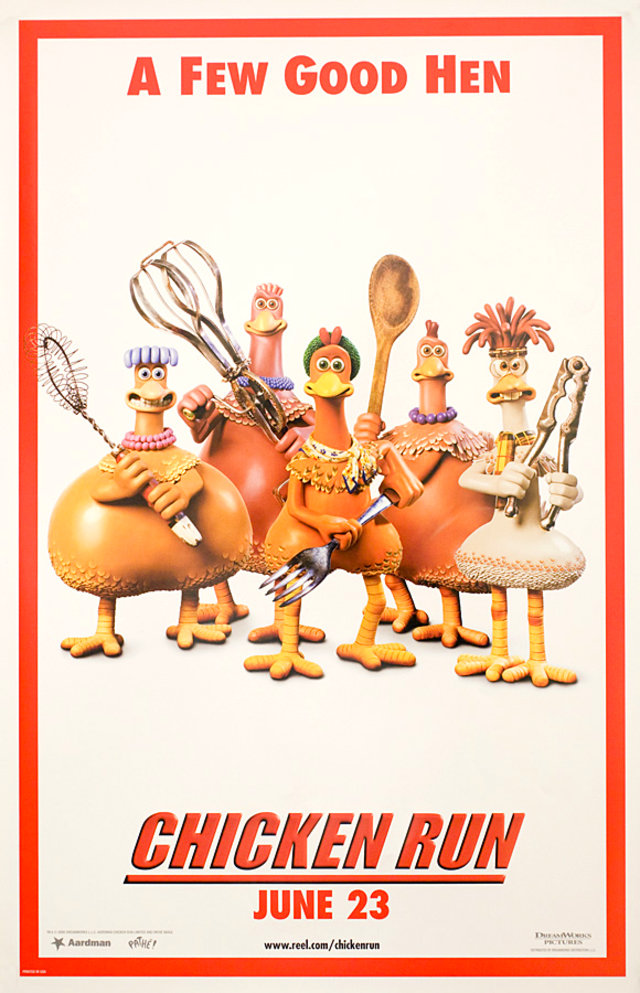 Movie poster for Chicken Run showing 5 hens from the film holding various small items like weapons under the text "A Few Good Men." The movie title and release date of June 23 is shown at the bottom.