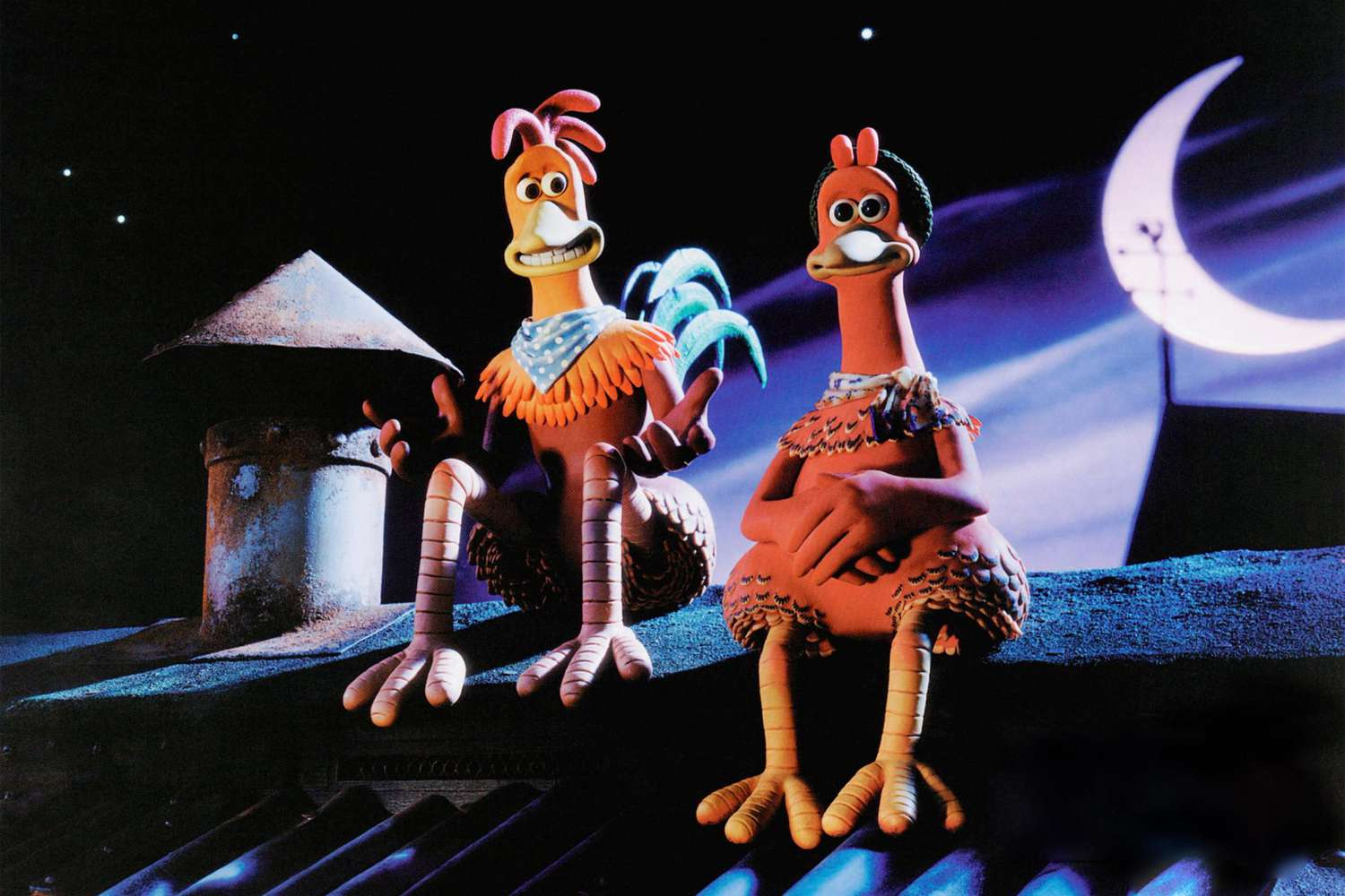a scene from Chicken Run where Rocky and Ginger are sitting on a roof at nighttime under a crescent moon. 