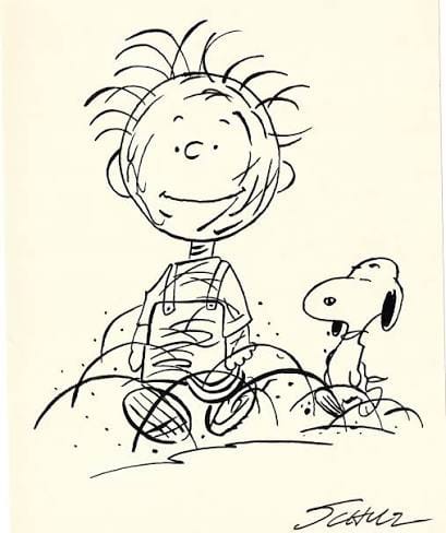 Sketch drawing of Pigpen from Peanuts dancing with Snoopy in a cloud of dirt. 