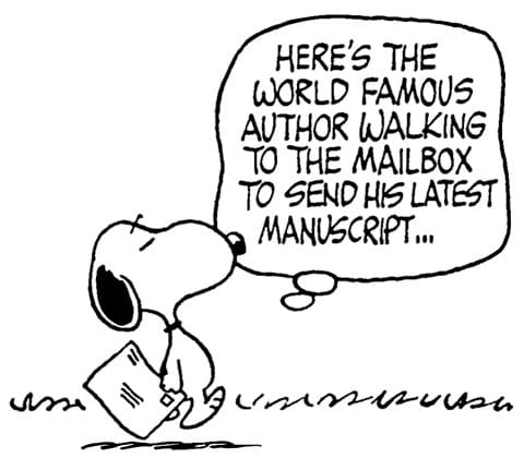 Side profile view of Snoopy walking with a letter in hand, with a thought bubble saying “Here’s the world famous author walking to the mailbox to send his latest manuscript.” 
