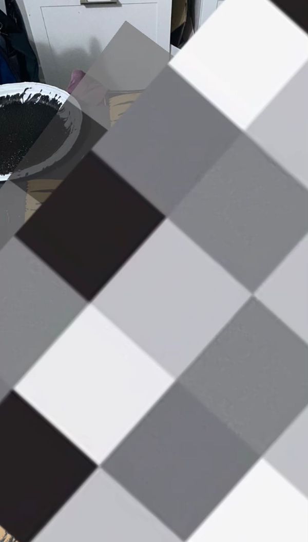 Printmaking materials mostly obscured by black, white, and gray digital fuzz