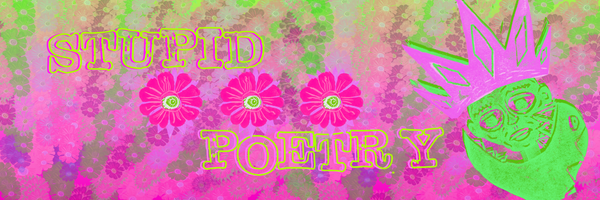 background collage of various shades of pink and green linocut stamped flowers. linocut stamp of snake eating a man’s head. Text “STUPID POETRY”