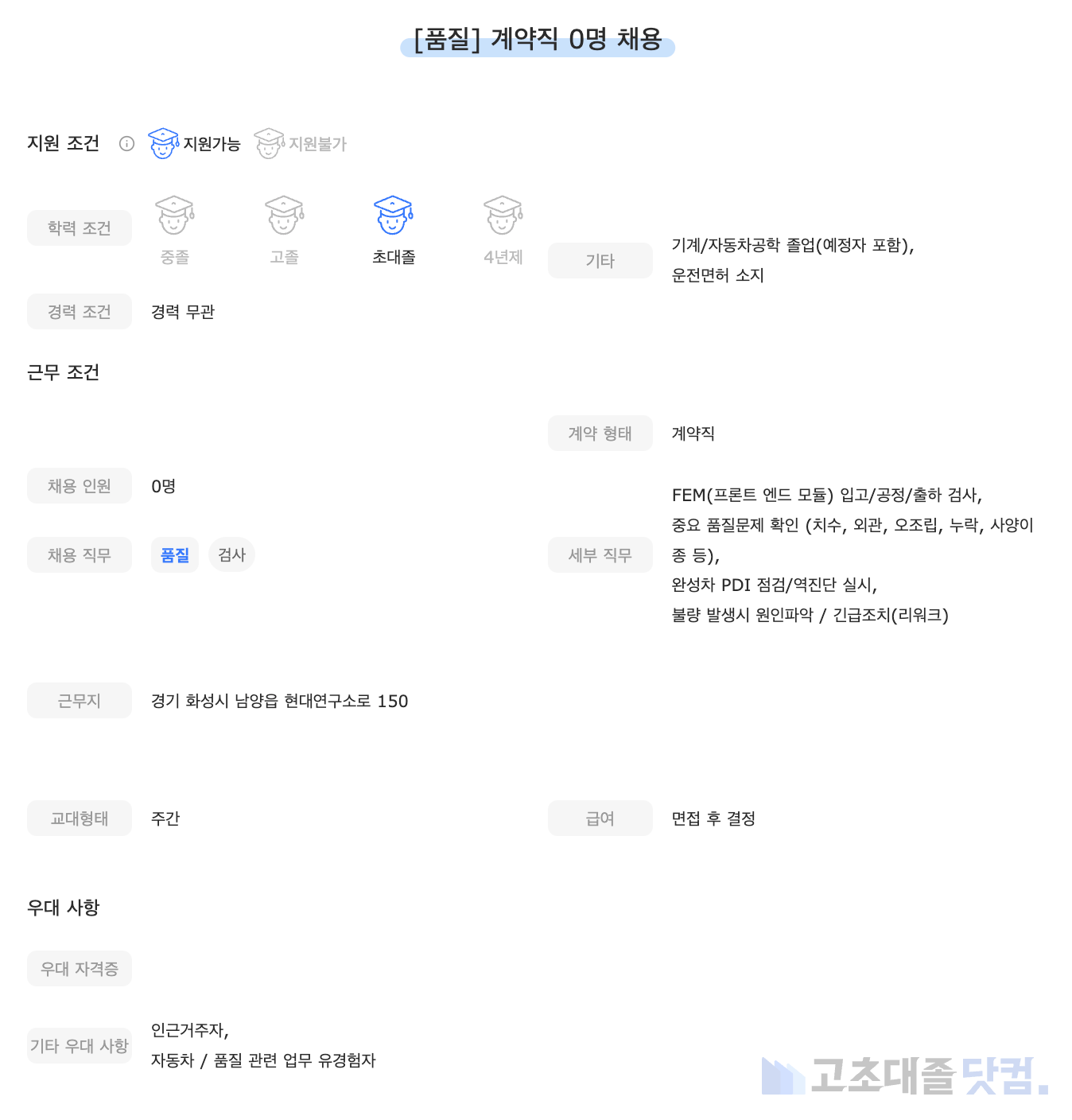 고초대졸닷컴 채용공고 - 4월 첫째 주, 현대모비스