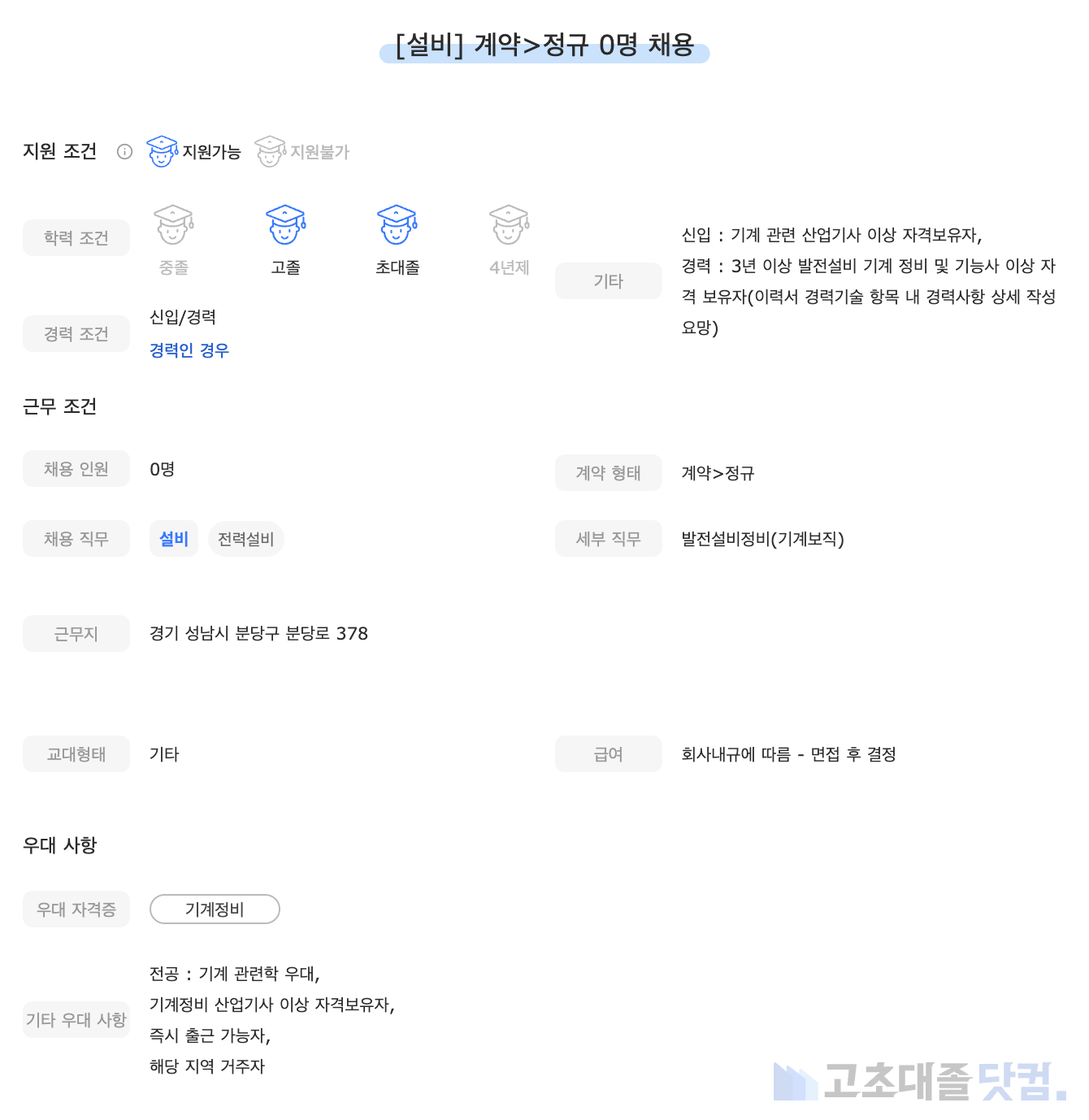 고초대졸닷컴 채용공고 - 4월 첫째 주, 한국발전기술