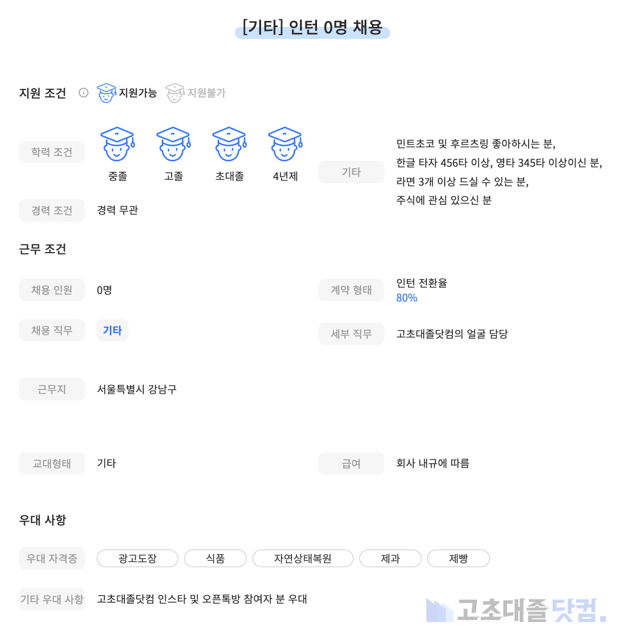 고초대졸닷컴 채용공고 예시