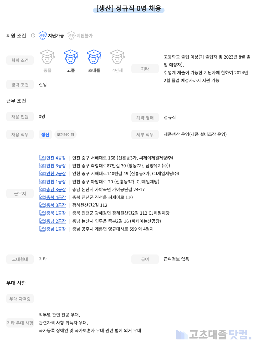 고초대졸닷컴 채용공고 - 4월 셋째 주, CJ제일제당