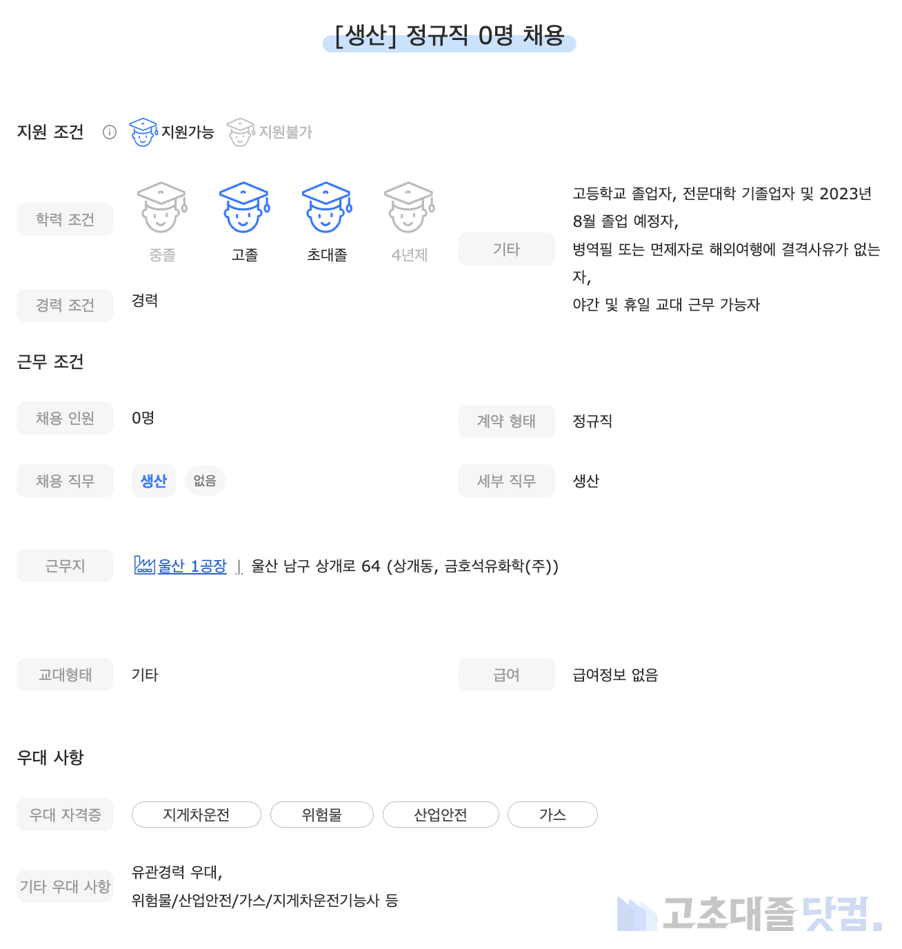 고초대졸닷컴 채용공고 - 5월 첫째 주, 금호석유화학