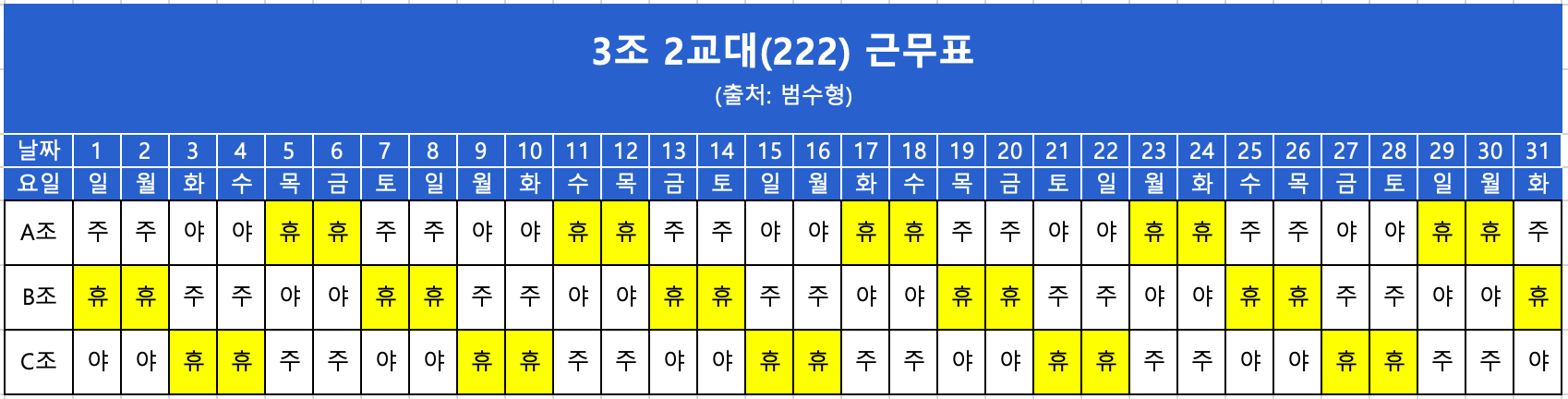 3조2교대 근무표