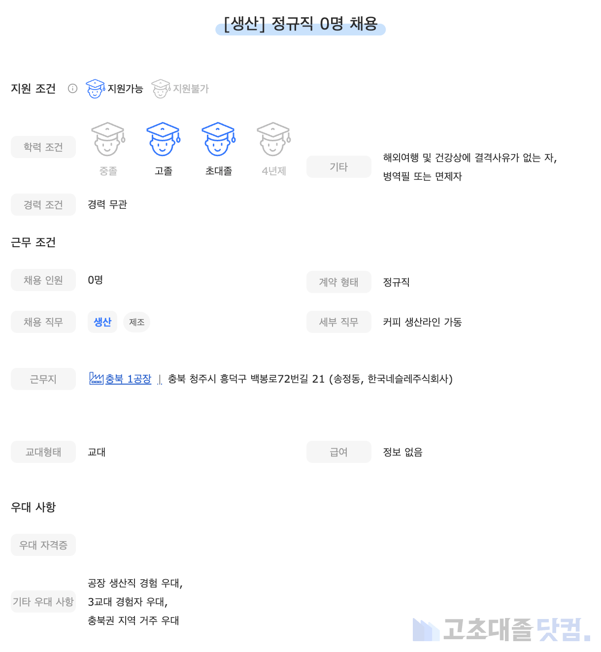 고초대졸닷컴 채용공고 - 5월 셋째 주, 롯데네슬레코리아