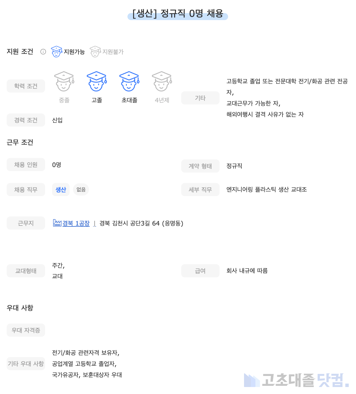 고초대졸닷컴 채용공고 - 7월 첫째 주, 코오롱플라스틱