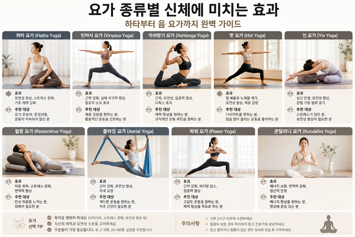 요가 종류별 신체에 미치는 효과: 하타부터 음 요가까지 완벽 가이드