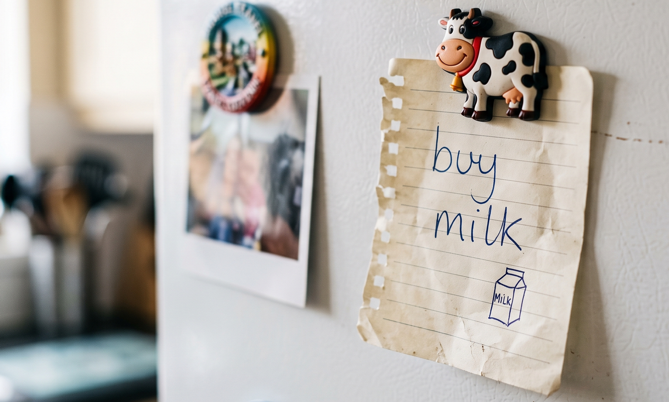 Photorealistic close-up of a hand-written note stuck to a fridge door with a magnet, reading 'buy milk'.