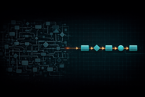 Tangled process flowchart simplifying into a clean linear flow, representing strategic business subtraction.