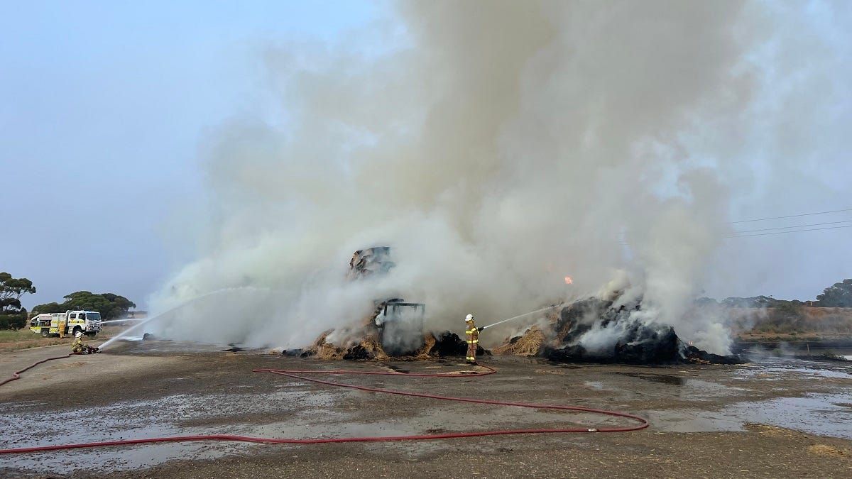 Haystack fire at Adelaide Mushrooms burns into third day