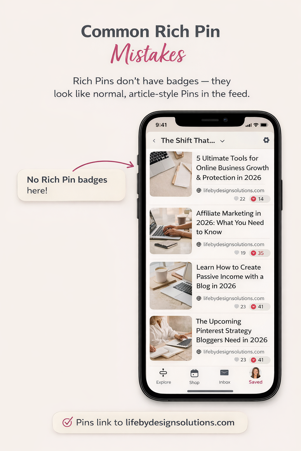 Pinterest pins in feed without Rich Pin badge demonstrating how modern Rich Pins appear