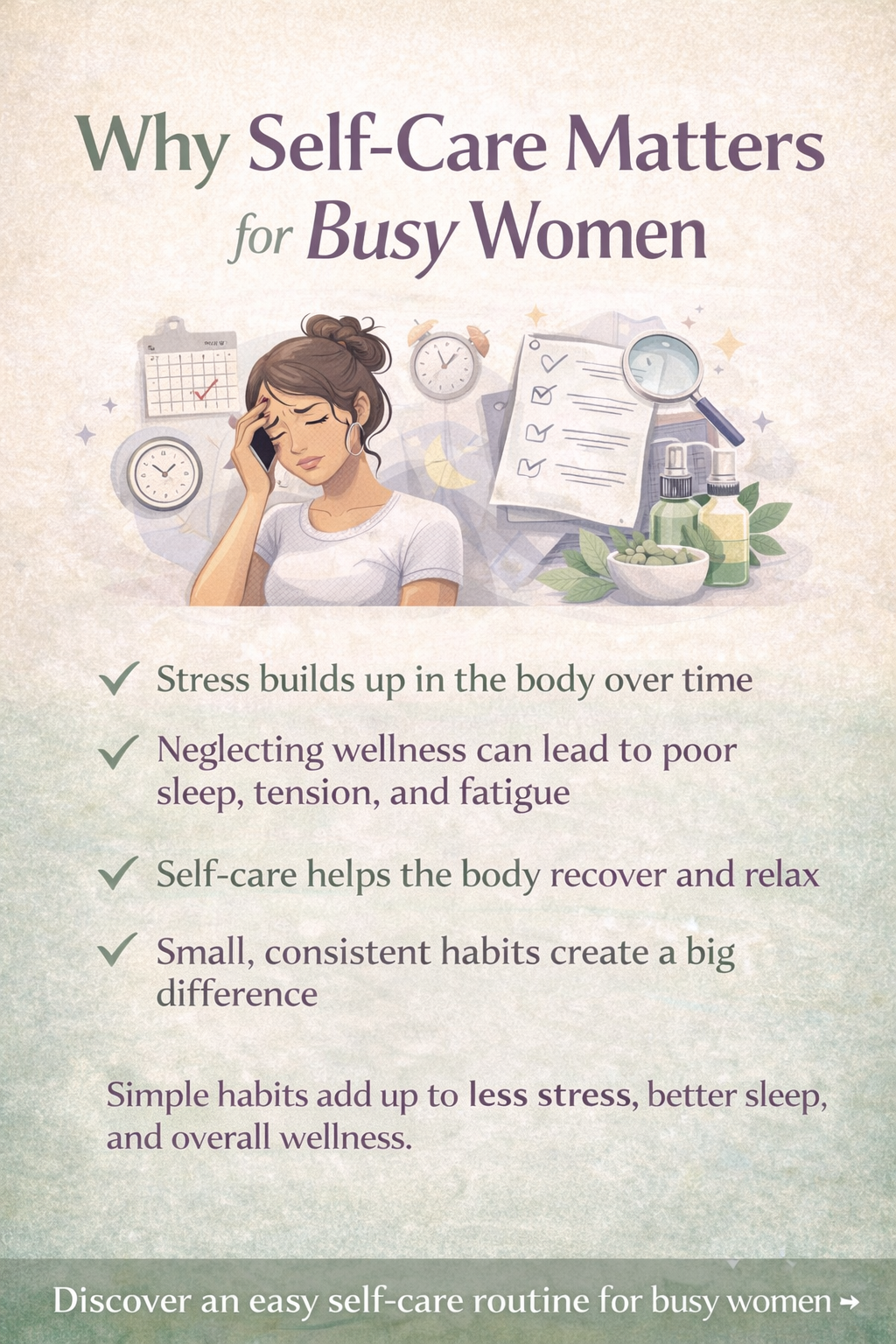 Infographic explaining why self-care matters for busy women, highlighting stress relief, better sleep, and simple daily habits that support overall wellness.