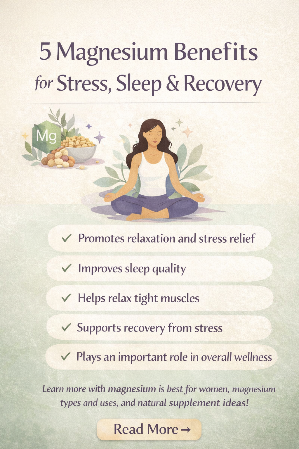 Infographic showing 5 magnesium benefits for stress, sleep, and recovery including relaxation, improved sleep quality, muscle recovery, and overall wellness.