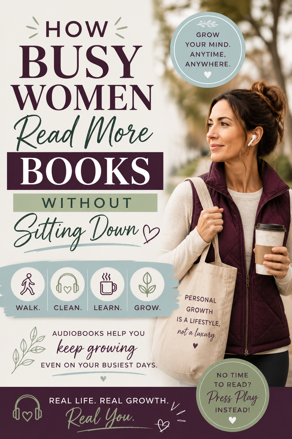 How busy women over 40 read more books without sitting down using audiobooks for personal growth, motivation, and learning on the go.