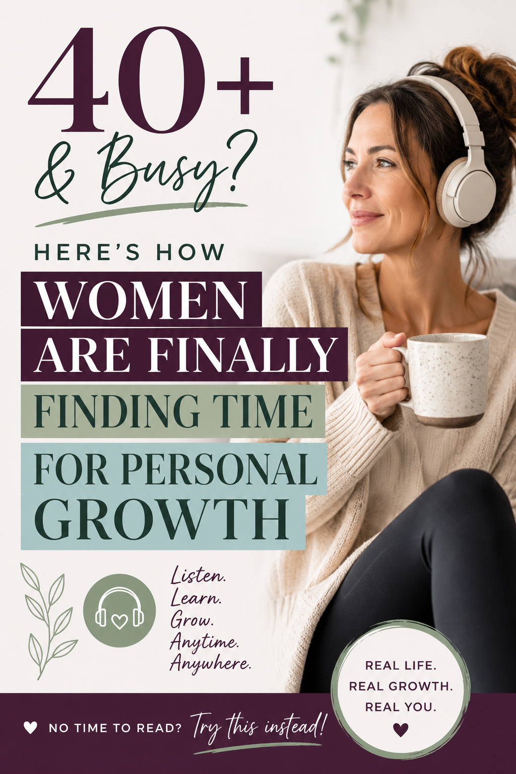 Woman over 40 listening to Audible audiobook for personal growth while relaxing at home. Best audible books for women over 40.