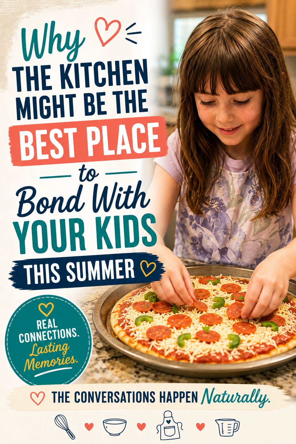 Young girl making homemade pizza while learning life skills and creating family memories through cooking together during summer break.