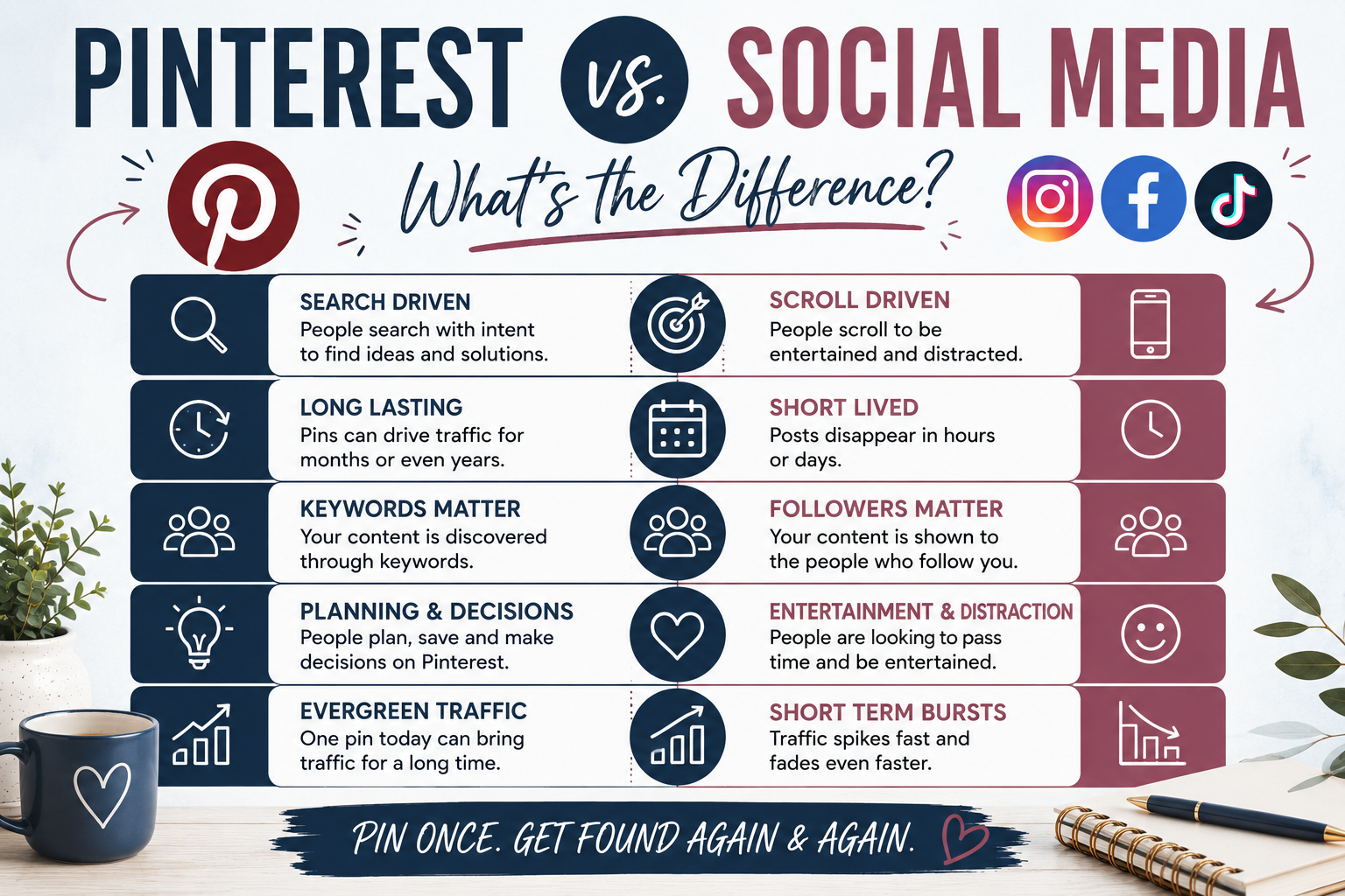 Infographic comparing Pinterest marketing with traditional social media marketing for bloggers.