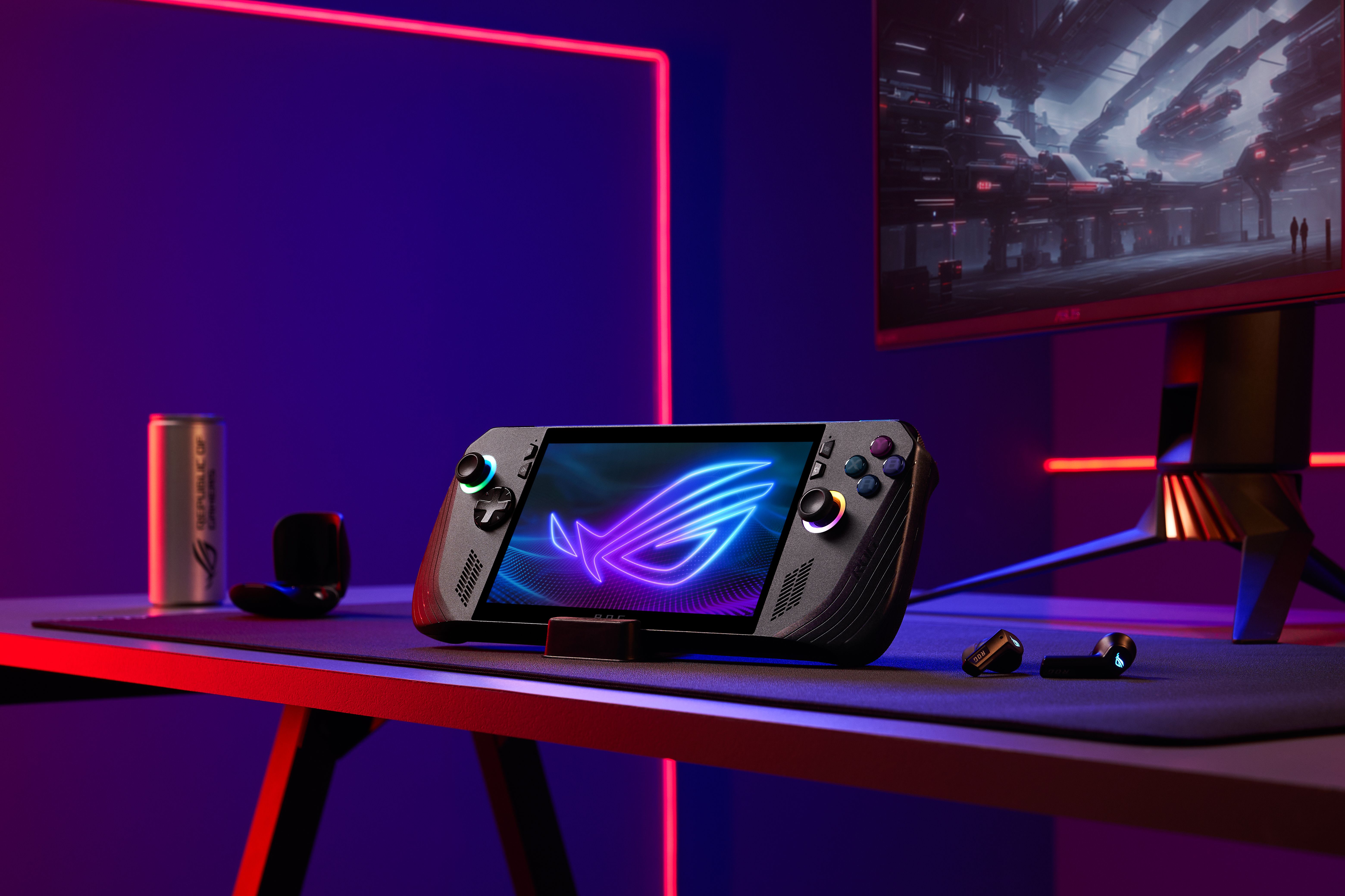 Du noir, des LED, une canette de boisson énergisante : pas de doute, c’est un produit pour g@mer. Visuel de la ROG Ally X