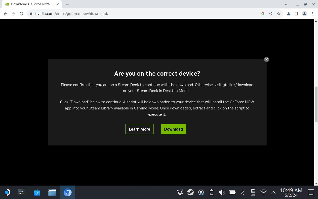 Assurez-vous que vous avez bien entre les mains votre Steam Deck et cliquez sur Download ! GeForce Now