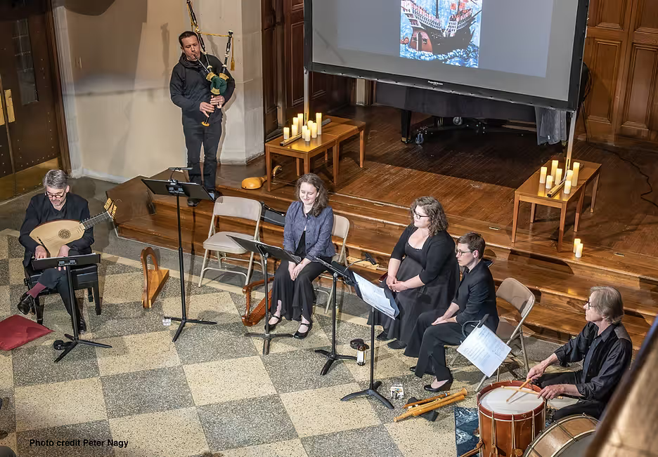 The Trobár ensemble in May, 2023, playing an assortment of Medieval instruments and singing.