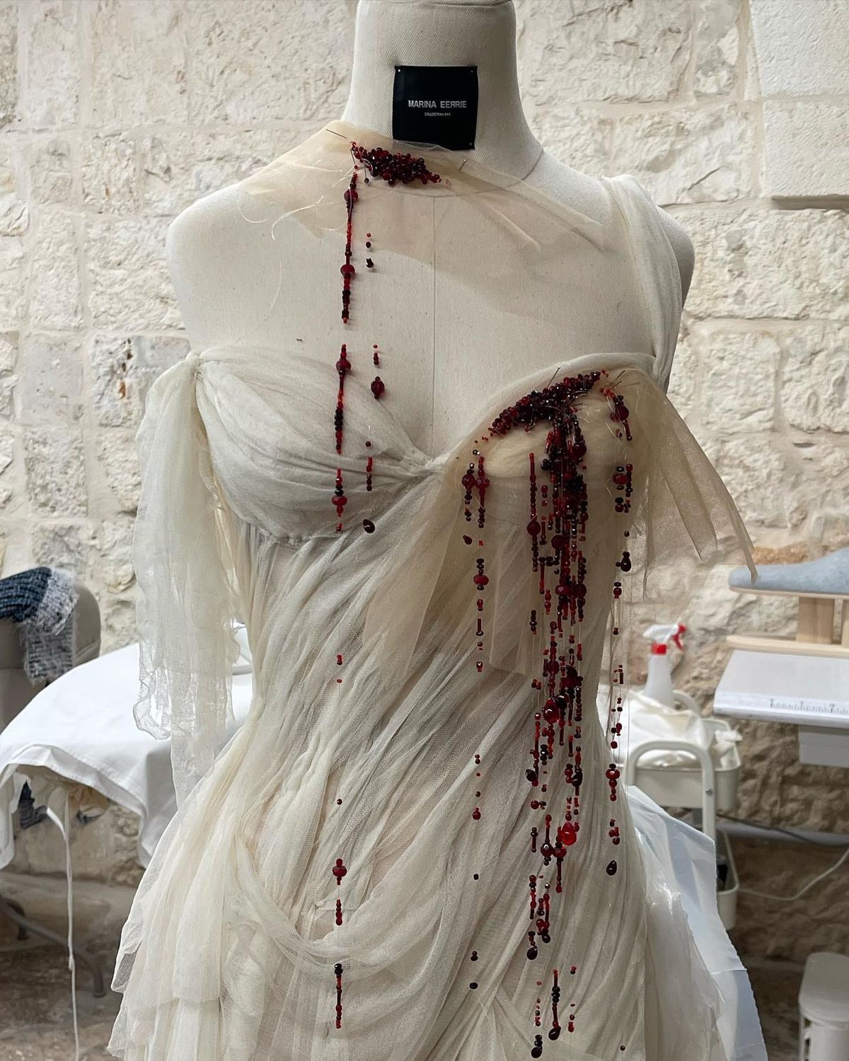 bloody wedding dress fashion show DreamDress By PMN Amberly Ao Dai Inspired Wedding Dress Gown Illusion Cut-Out Neckline Open Back Couture French Lace Chapel White Pants main image 1