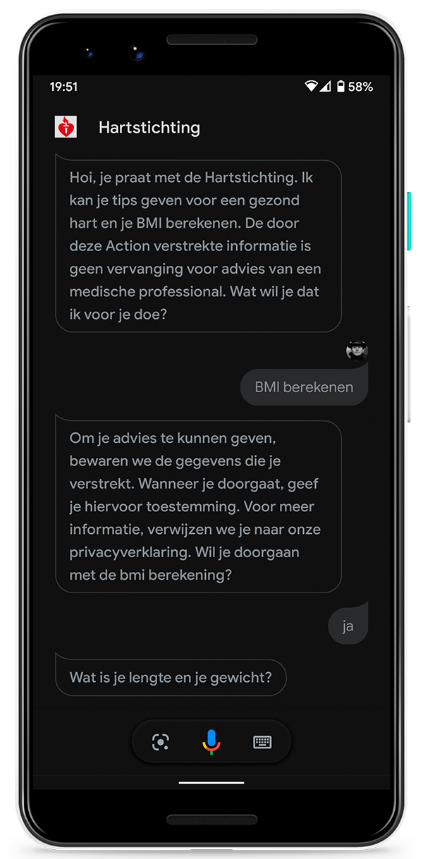 Telefoon met een Google Assistant-dialoog op het scherm
